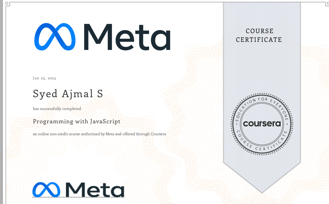 Programming with JavaScript Certificate from Meta